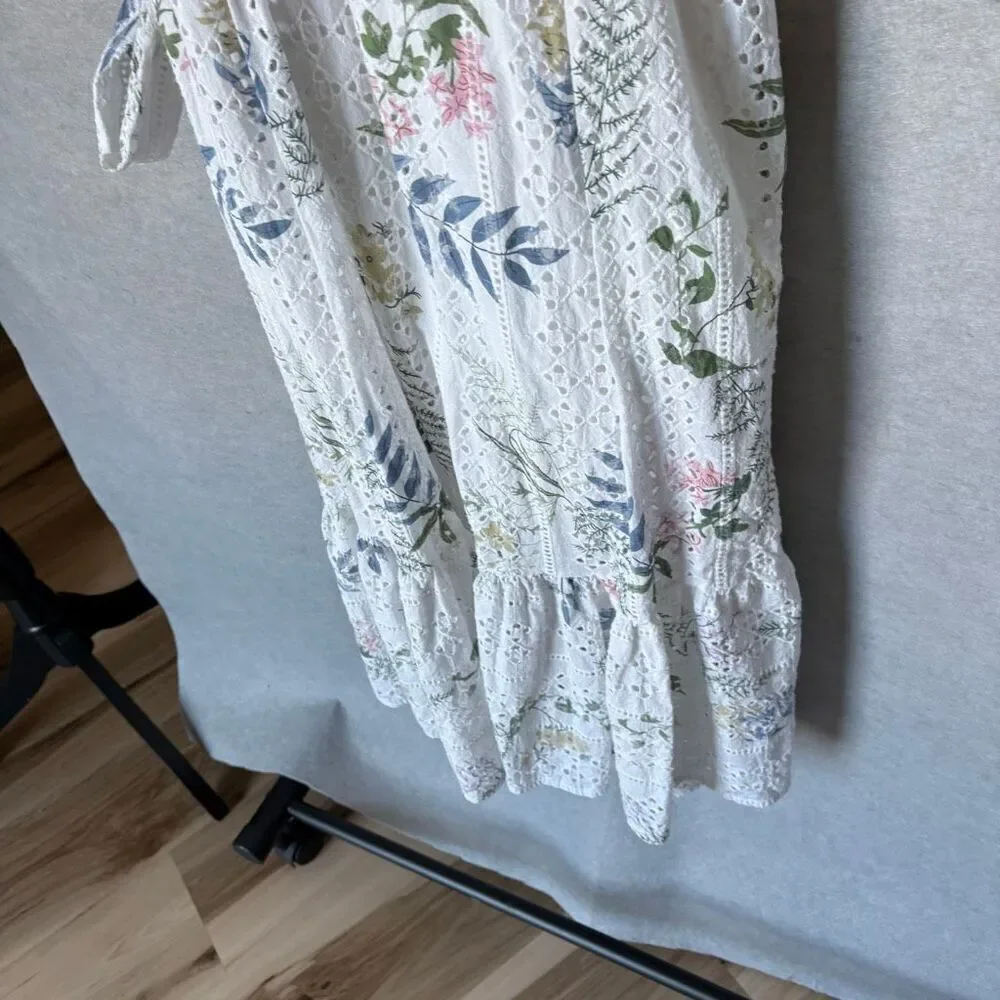 Just Me Cotton Eyelet Puff Sleeve Midi Waist Tie Tiered OffShoulder Floral Dress